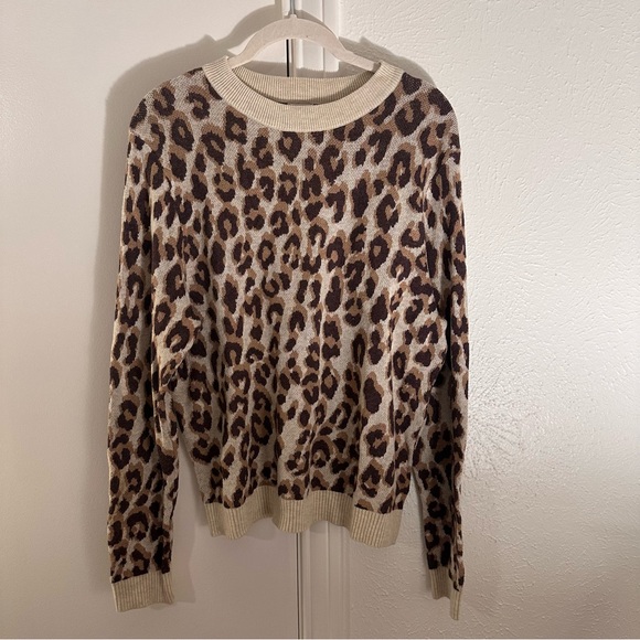 A New Day Cream Brown Leopard Print Knit Crewneck Pullover Sweater Size Small - Picture 5 of 11